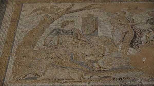 Ancient mosaic with a female figure and others in a scene under a tree, The Choice of Paris,