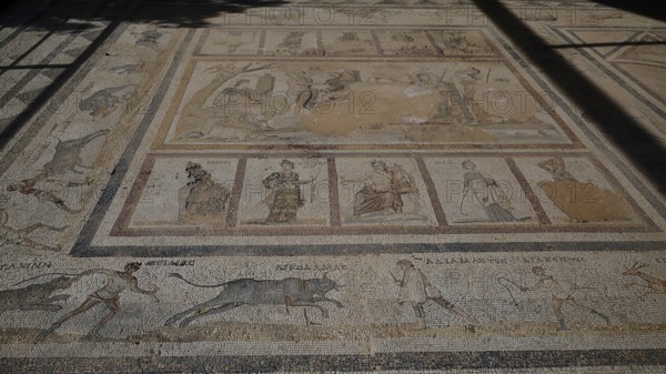 Overview of an ancient mosaic with several figurative and scenic depictions, Archaeological Site,
