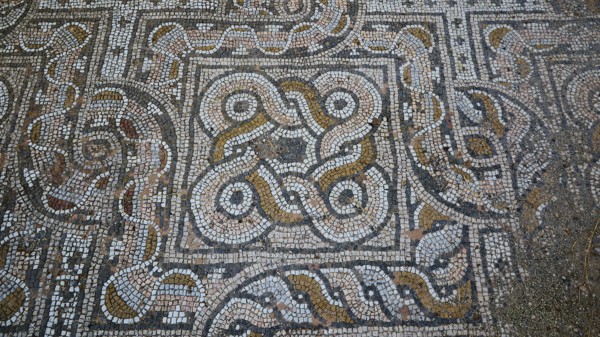 Close-up of an ancient mosaic floor with mostly round patterns, Archaeological Site, Western