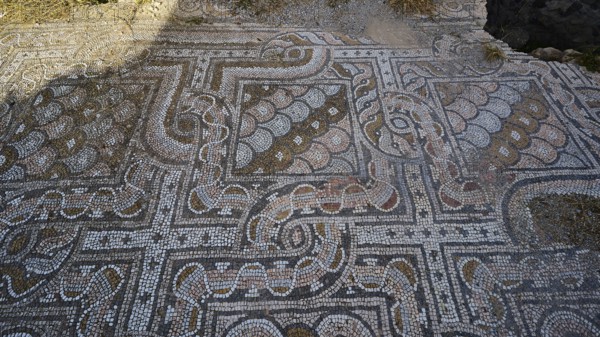 Detail of an ancient mosaic floor with curved geometric patterns, Archaeological Site, Western
