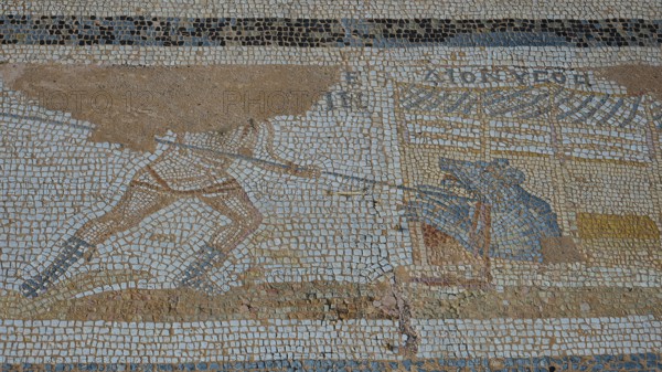 Ancient mosaic showing a warrior fighting an animal, Archaeological Site, Western Excavation, Kos