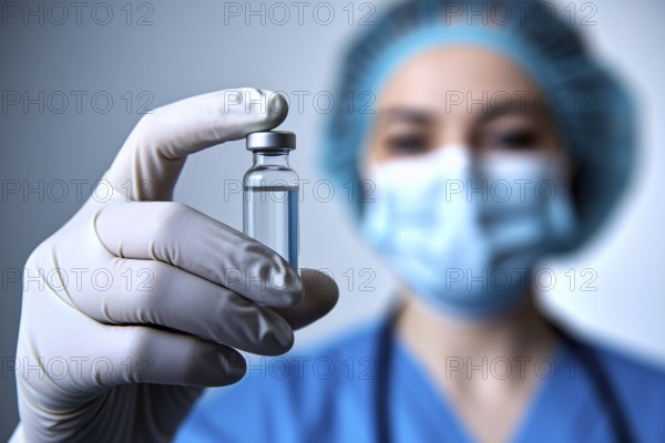 Close up of female scientist's gloved hand carefully holding a vial with clear liquid. Generative