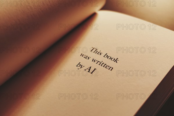Close up of first page of a novel book with text saying 'This book was written by AI'. Generative