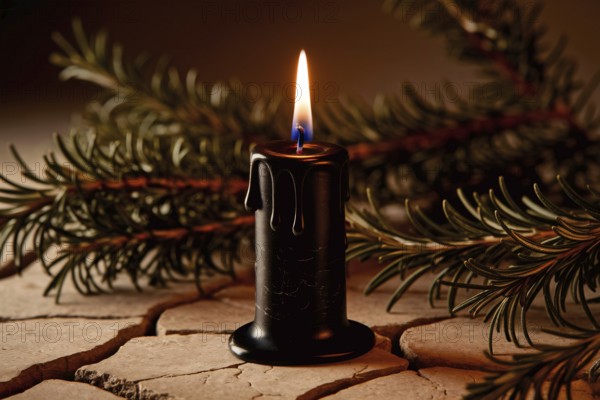 Black candle burning on cracked stone with rosemary. A symbol of witchcraft, ritual, and mysticism.