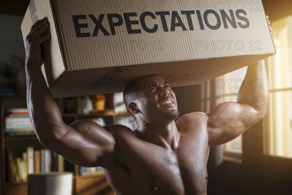 Man struggling to lift cardboard box labeled expectations in sunlit room, symbolizing male societal