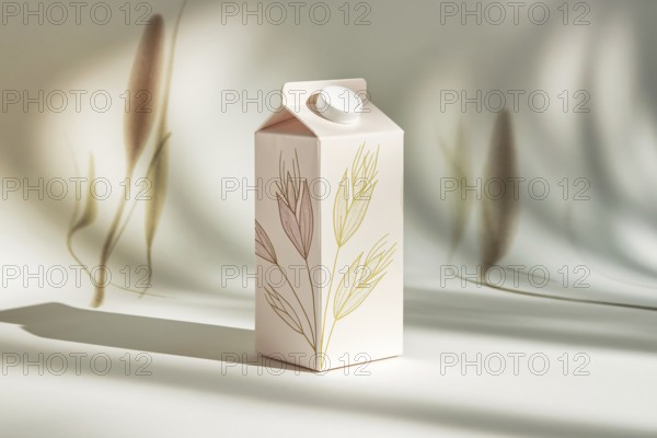 Minimalist oat milk carton with pastel oat illustrations on white background with soft