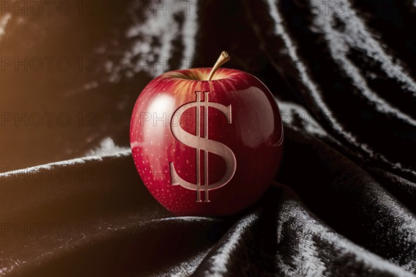 Carved dollar sign on apple. A symbol of rising food costs and economic pressure. Generative ai, AI