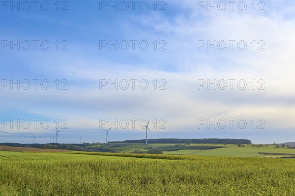A wide landscape with wind turbines under a blue sky, Buchen, Odenwald, Neckar-Odenwald district,