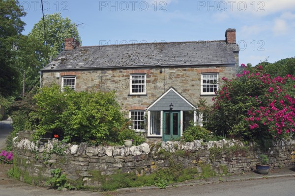 Stone house with lush garden and blooming flowers under a blue sky, idyllic cottage, Cornwall,
