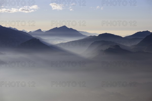 Mountain silhouettes... Alpine peaks and mountain ranges in the Bavarian Alps, romantic view from