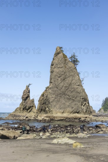 Large rocks protrude from a sandy beach against a clear blue sky, people walk along the shore,