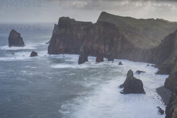 Long exposure of rock formations in the Atlantic Ocean, volcanic peninsula, Ponta de São Lourenço,