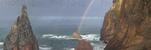 Sunset, rainbow at sea, volcanic peninsula, Ponta de São Lourenço, Ponta de Sao Lourenco, rocky