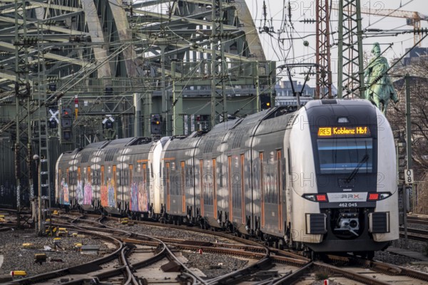 Rail system in front of Cologne Central Station, Hohenzollern Bridge across the Rhine, RRX,