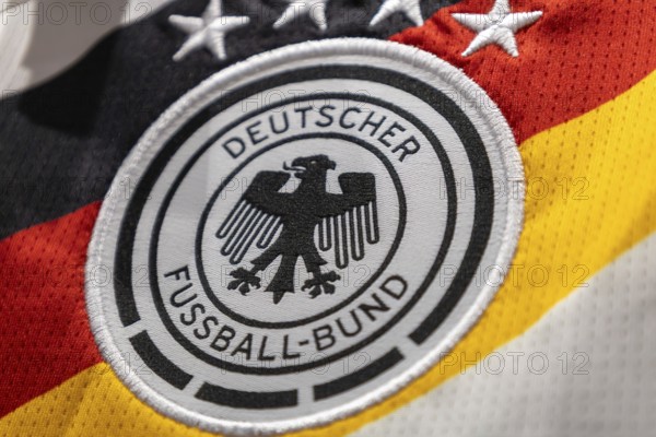 Close-up of the DFB (German Football Association) logo on the jersey of the German national