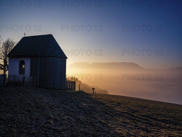 Chapel above high fog at sunrise, Untersberg in the back, Högl, Anger, Berchtesgadener Land, Upper