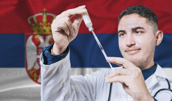 Doctor holding syringe on Serbia flag background. Medical professional holding syringe with Serbian