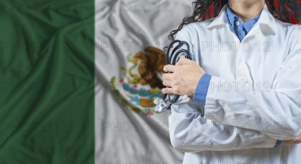 Healthcare professional with Mexico flag background. Professional doctor holding stethoscope on
