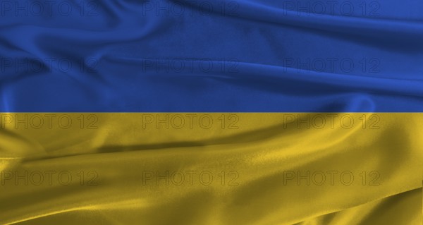 Flag of Ukraine with fabric textured background. Close up of National flag of Ukraine with