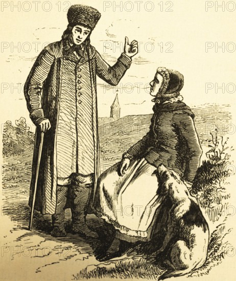 Upper Silesian costumes, portrait of man and woman, long coat, walking stick, fur hat, apron,