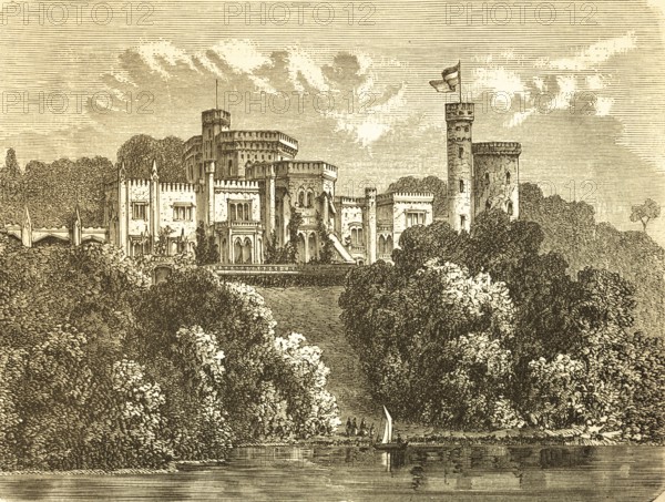 Babelsberg Castle on Tiefer See, summer residence of Emperor Wilhelm I, park, steep slope, Tudor