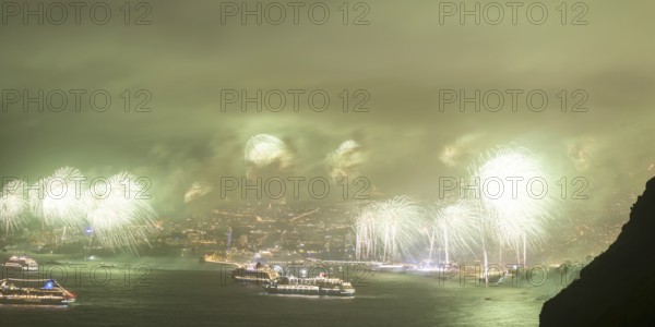 New Year's Eve fireworks, dusk, Atlantic Ocean, harbour with cruise ships, Funchal, Madeira,
