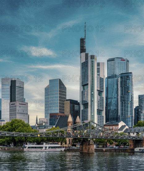 The Iron Bridge with the skyscrapers of Frankfurt's banking district, Frankfurt am Main, Hesse,