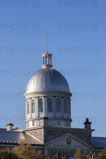 Bonsecours Market dome with arched windows and entrance on rue de la Commune in autumn, Old