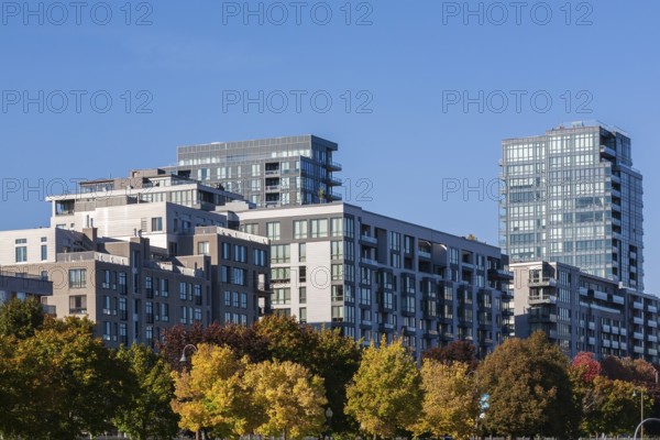 Group of luxurious multistorey high end residential condominium apartment buildings in autumn, Old