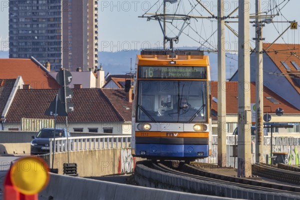 Tram on the Kurt Schumacher Bridge, which connects Mannheim and Ludwigshafen across the Rhine. The