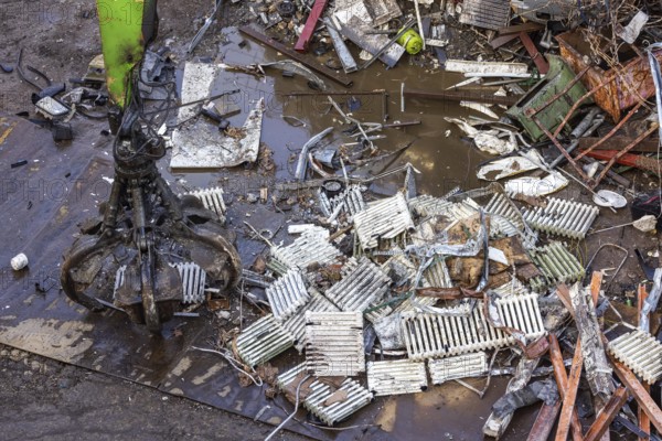 Scrap trade in a commercial port. Old radiators are ready for scrapping and recycling. Mannheim,