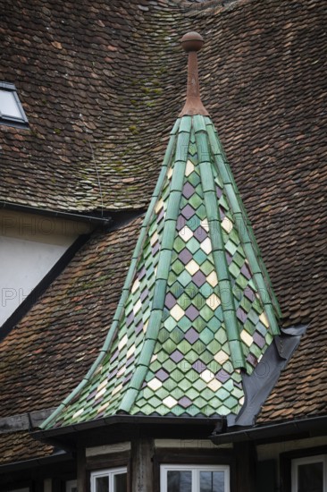 Spitzer Tower with green, glazed roof tiles, Protestant Seminary, Blaubeuren, Swabian Jura,