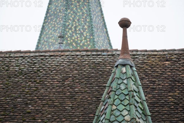 Spitzer Tower with green, glazed roof tiles, Protestant Seminary, Blaubeuren, Swabian Jura,