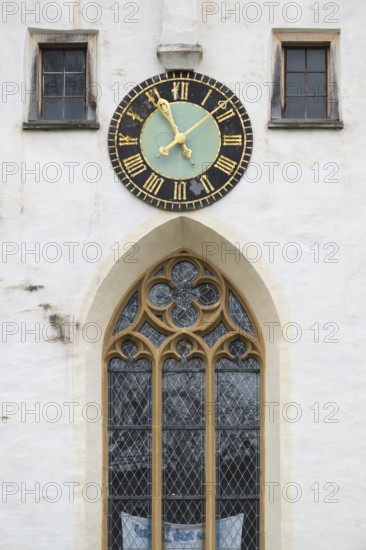 Large clock with gold-plated dial, Gothic window, Protestant Seminary, Blaubeuren, Swabian Jura,