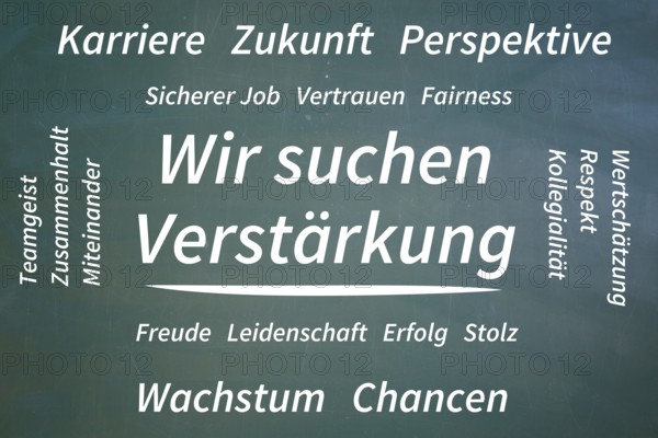 (Added) Text WE ARE LOOKING FOR REINFORCEMENT, surrounded by positive terms such as career, future,