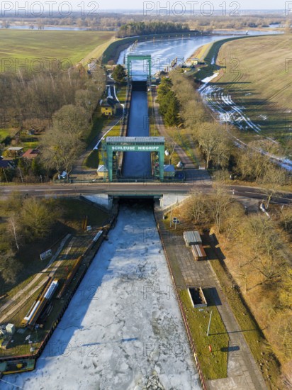 Frozen water surface in front of the Niegripp lock from a bird's eye view, Niegripp lock,