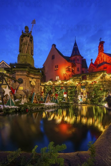 Houses illuminated and decorated for Christmas, Christmas market, blue hour, Eguisheim, Haut-Rhin