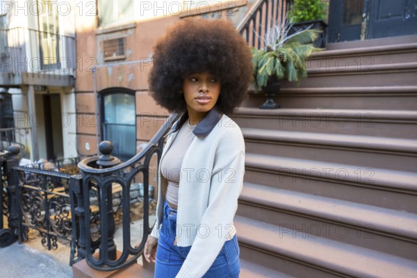 Stylish young african american woman with a large afro hairstyle walking down brownstone steps,