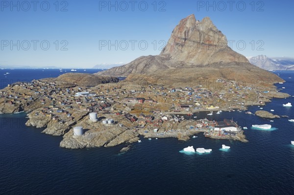 Aerial view of the village of Uummannaq, located on Uummannaq Island in the Uummannaq Fjord,