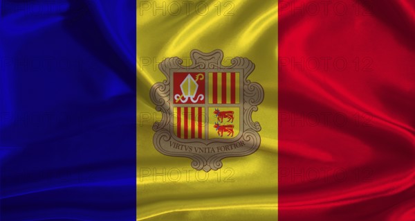 Andorra flag with cloth textured background. National flag of Andorra with realistic texture