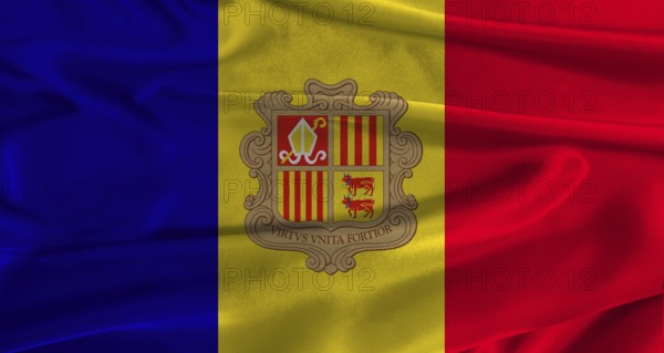 Flag of Andorra with fabric textured background. Close up of National flag of Andorra with