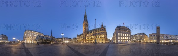 360 degree view of Rathausplatz at Blue Hour with Town Hall, Alster Arcades, Jungfernstieg,