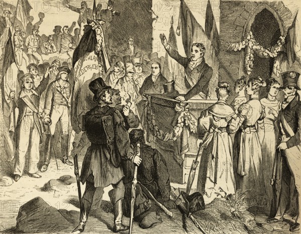 The Hambach Festival (May 1832) popular assembly, outdoors, speakers, audience, population, flags,