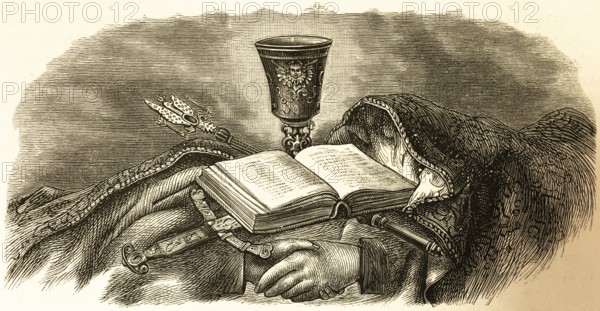 Symbolic picture church, religion, culture, Bible, decorated chalice, sword, Christian faith, hand,