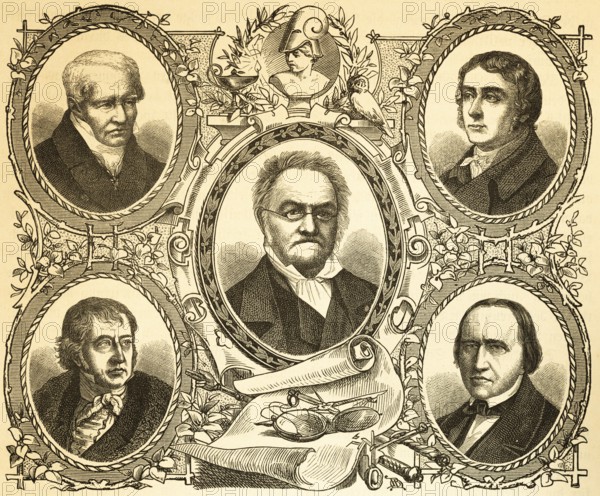Portraits, Alexander von Humboldt, German explorer (top left), Georg Wilhelm Friedrich Hegel,