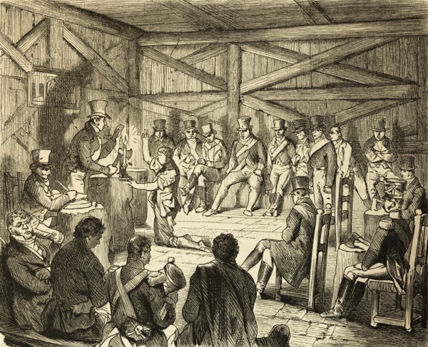 Assembly of the secret society of Carbonari or Karbonari in the assembly building, baracca, hut,
