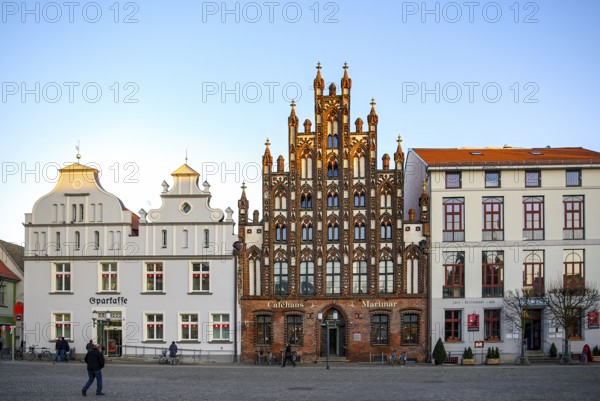 Historic brick Gothic buildings on the market square of the Hanseatic City of Greifswald,