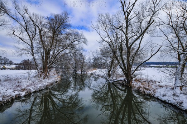 Wintery floodplain landscape along the Schmutter in the Augsburg Western Wälder nature park Park,