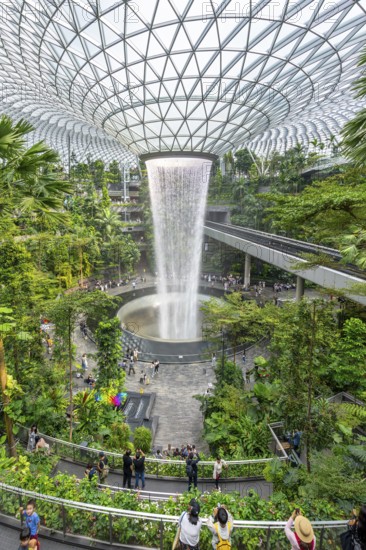 Forest Valley with Rain Vortex, world's tallest indoor waterfall at Jewel Changi Airport in the