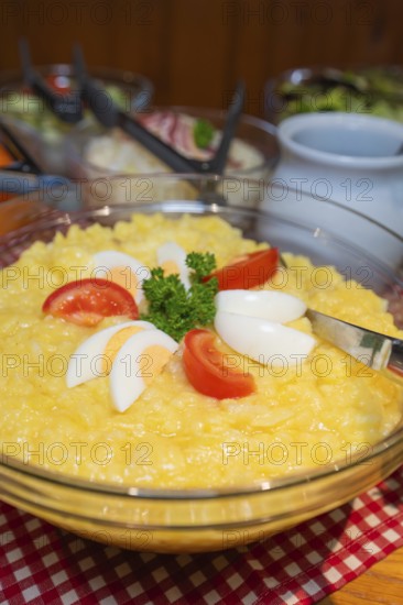 Potato salad with tomato and egg slices on a table decorated with checkered cloth